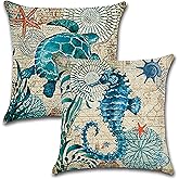 7COLORROOM 2Pack Beach/Coastal Throw Pillow Covers Sea Turtle/Sea Horse Cushion Cover Sea Theme Home Decorative Cotton Linen Pillowcases 18" x 18"，for Sofa,Patio,Bedroom (Multi)