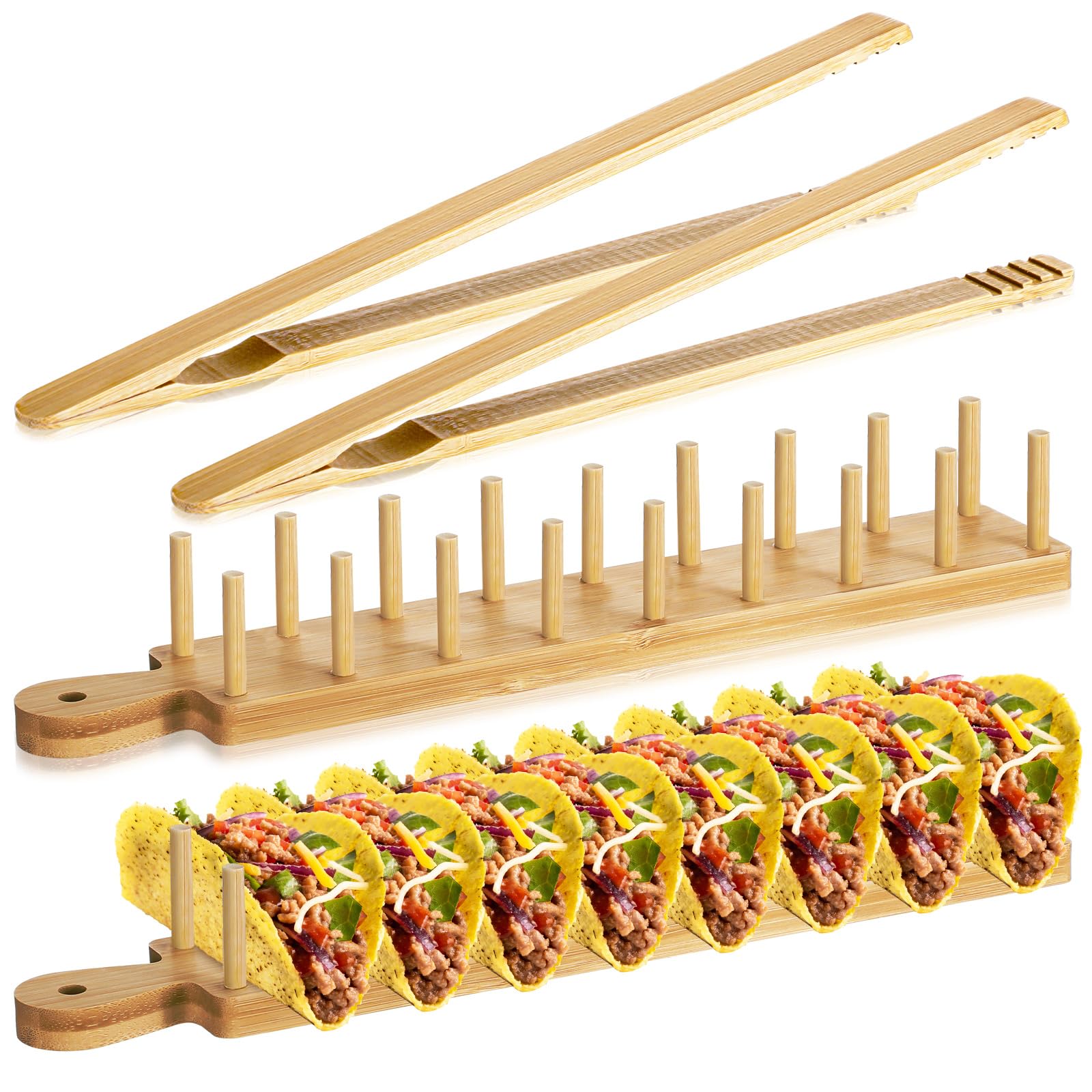 Photo 1 of Kigley 4 Pcs Wood Taco Holder Bamboo Taco Tray with Tong Stand with Handle Wooden Rack, Each Holds 8 Soft or Hard Shell for Charcuterie Food Kitchen Gifts Accessories Home