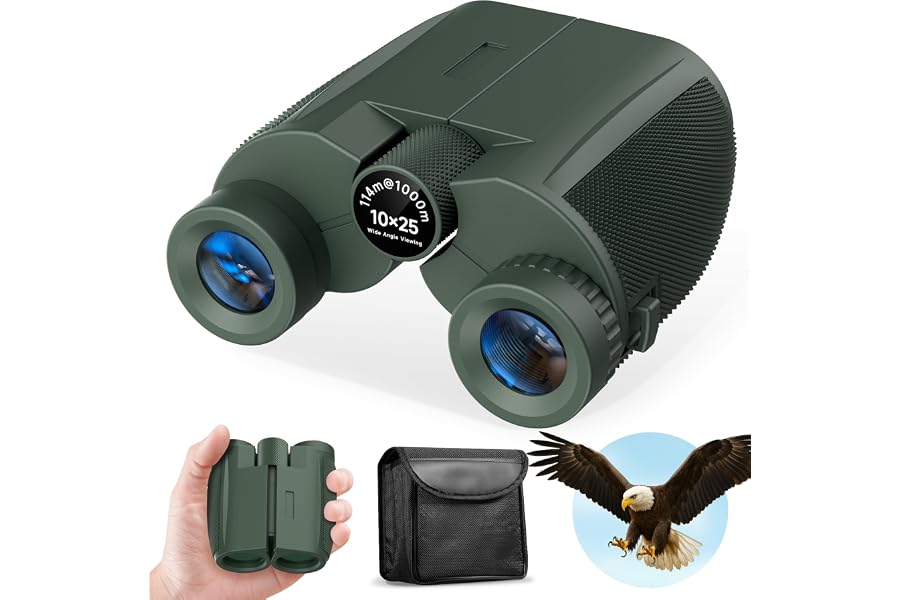 Leacco 10x25 Binoculars, Waterproof BAK4 FMC Lens for Bird Watching Cruise | Low Light Vision, Large View, Portable Mini Binoculars for Adults & Kids, Travel, Concert, Hunting, Military Green
