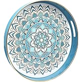 SforGUVA Round Cyan Decorative Tray for Coffee Table, Ottoman, 13” Plastic Serving Platter Tray with Handles for Entertaining, Living Room