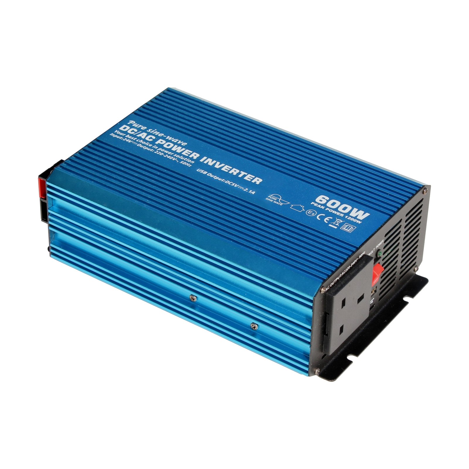 600W 24V pure sine wave power inverter 230V AC output (UK socket), with powerful USB port - for any vehicle, boat or stationary off-grid power application (600 watt 24 volt)