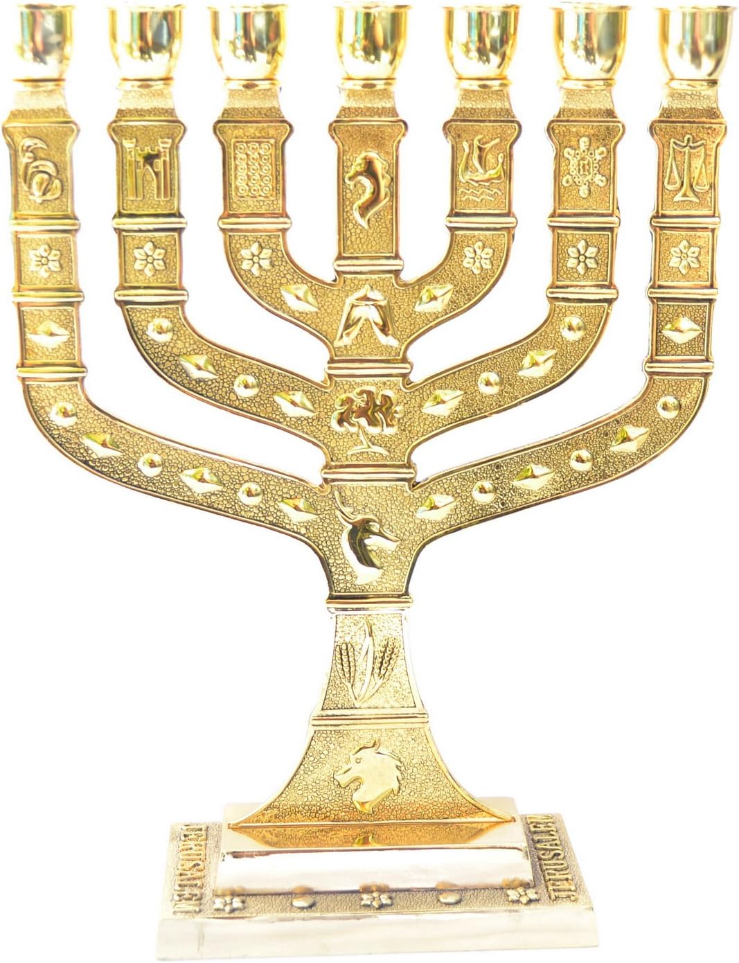 Menorah, Menora Holyland 7 Branches Jerusalem 12 Tribes of Israel Gold H-9.75