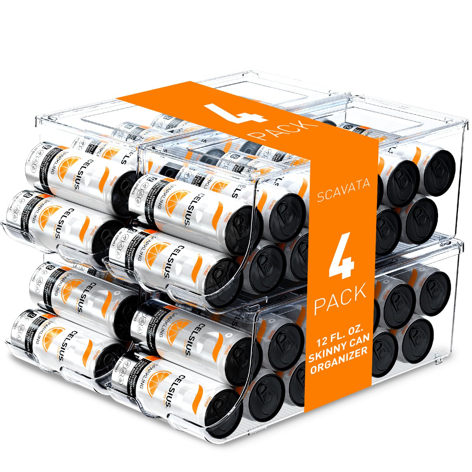 Photo 1 of SCAVATA 4 Pack Skinny Can Organizer for Refrigerator, Stackable Tall Skinny Soda Pop Can Holder Dispenser with Lid for Fridge Pantry Rack Freezer, Clear Plastic Storage Bins-Holds 12 Slim Cans Each