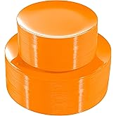 PULOTE 100PCS Orange Plastic Plates - Premium Hard Orange Disposable Include 50 Each(10.25 Inch Dinner & 7.5 Inch Dessert) Plates, Ideal for Party