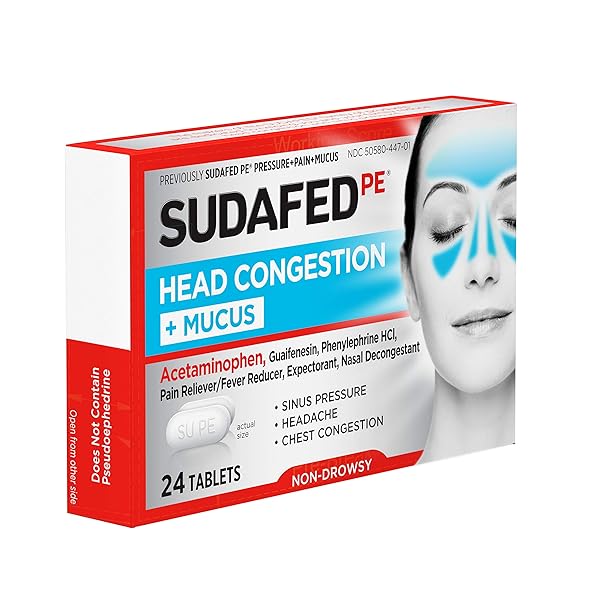 SUDAFED PE HEAD CONGESTION + MUCUS RELIEF TABLETS FOR SINUS PRESSURE, CONGESTION, & HEADACHE, NON-DROWSY DECONGESTANT WITH ACETAMINOPHEN, GUAIFENESIN & PHENYLEPHRINE HCI, 24 CT