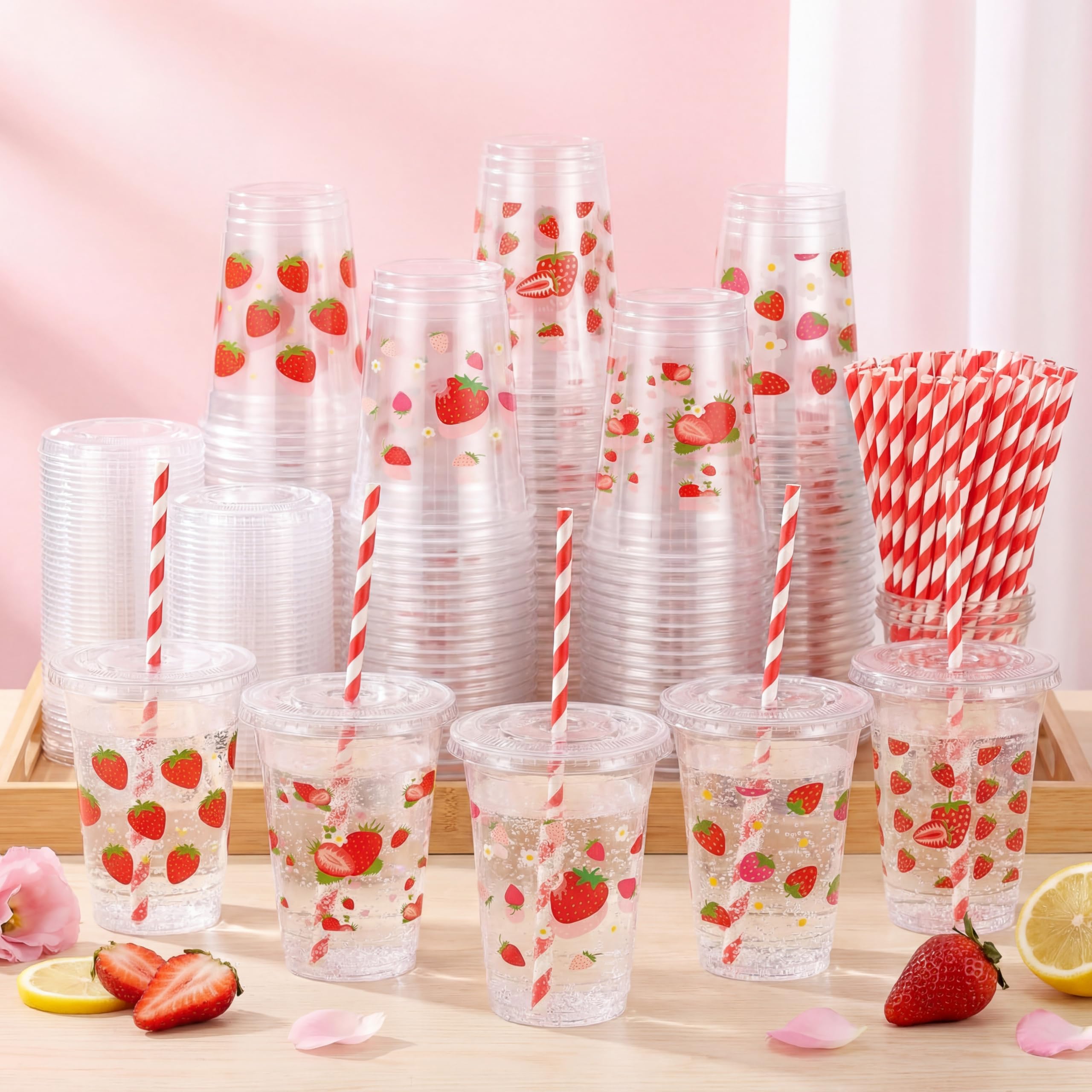 Photo 1 of FoldTier 100 Pcs Strawberry Party Decoration Plastic Cups with Lids and Straws 12 oz Strawberry Disposable Clear Drinking Tumbler Valentine's Day Cups for Baby Shower Berry First Birthday Party Favor