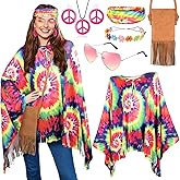 MOVINPE 70s Hippie Costume for Women Accessories Set, Tie Dye Poncho Fringe Bags Flower Crowns Headbands Sunglasses Peace Sign Necklace Earrings 60s Costume Halloween Retro Outfit