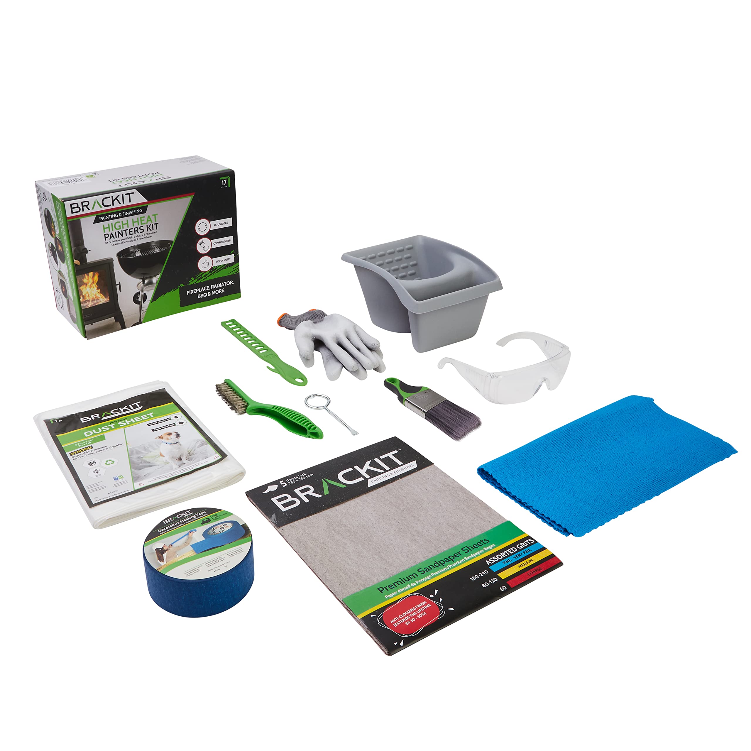 Brackit High Heat Painter’s Kit - 17 Piece - for Cleaning, Painting and Finish on High Heated Surfaces – Suitable for Fireplace, Radiator, Barbecue and More