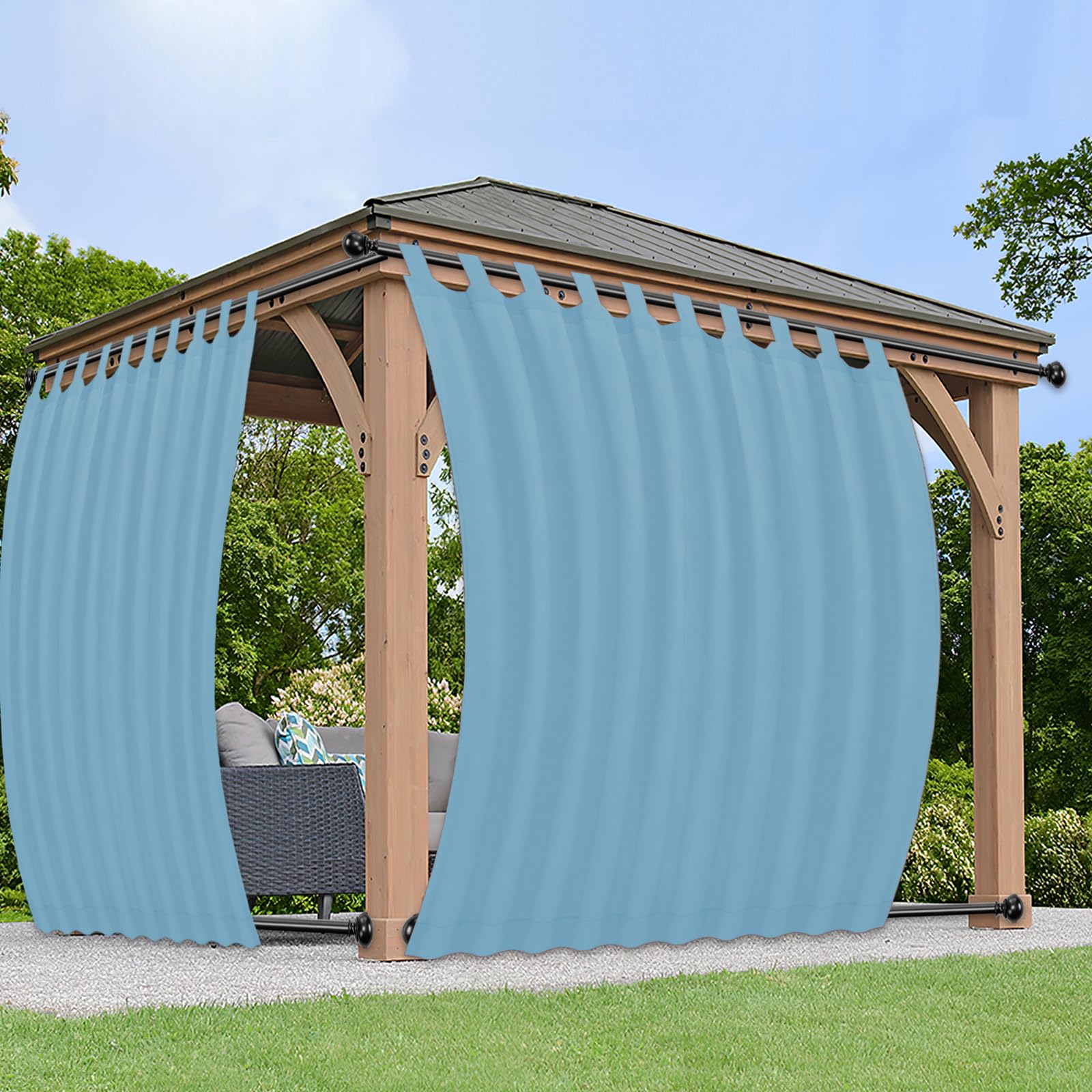 PureFit Outdoor Curtains for Detachable Sticky Tab Top Patio Waterproof/Weatherproof, UV and Fade Resistant Outside Curtains for Gazebo,Porch, Pergola, Privacy Curtain, 110x108 in, 2 Panels, Sky Blue Image