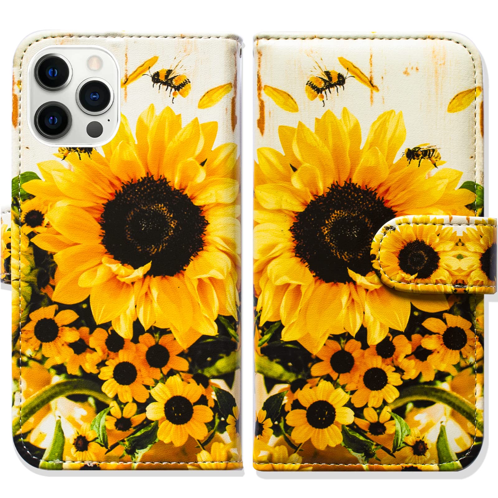 Bcov iPhone 14 Pro Case, Sunflower Bee Flip Phone Case Wallet Cover with Card Slot Holder Kickstand For iPhone 14 Pro