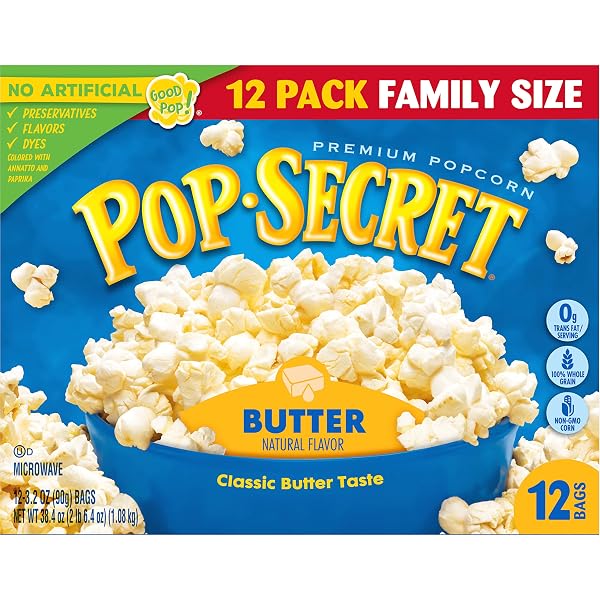 POP SECRET BUTTER MICROWAVE POPCORN 12CT (3.2OZ BAGS), 38.4OZ BOX (PACK OF 1)