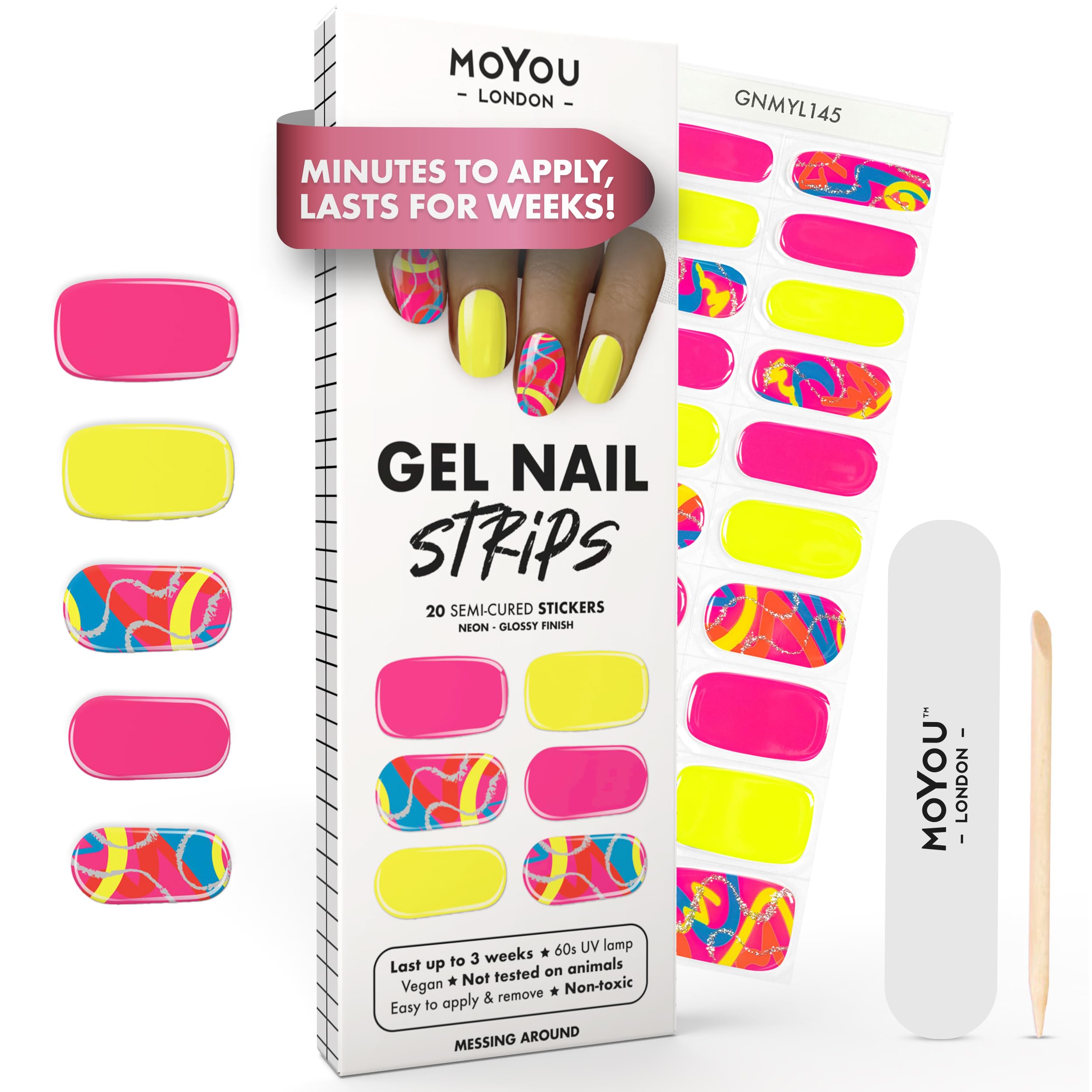 MOYOU LONDON Semi Cured Gel Nail Strips - 20 Pcs. Waterproof Gel Nail Wraps, Cures in Sunlight or UV/LED Lamp, Lasts Up to 2+ Weeks, Stretchable, Easy to Apply & Remove, Vegan & Cruelty-Free