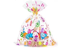 CUDICY Easter Bags 10pcs Large Cellophane Bags 24x30 Inch Cellophane Wrap for Gift Baskets Plastic Gift Wrapping Clear Gift Bags (Easter eggs, Bunny)