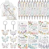 48 Pcs Christian Bulk Gifts for Women Valentines Religious Gift Bible Verse Pens Notebooks Scripture Ballpoint Pen Inspirational Verse Keychains Prizes for Church Office Coworker Supplies(Wood Grain)