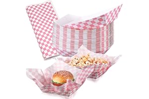 Geosar 100 Pcs Gingham Party Supply Disposable Paper Food Tray Bulk Disposable Food Boat with Checkered Wax Paper Sheet Checkered Wrapping Supply for Carnival Picnic Birthday Party (Pink White)
