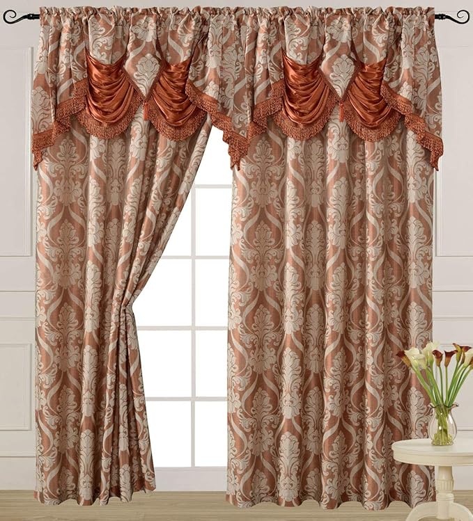 V Luxury Jacquard Curtain Panel with Attached Waterfall