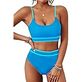BMJL Women's High Waisted Bikini Ribbed Two Piece Swimsuit High Cut Color Block Adjustable Straps Bathing Suit