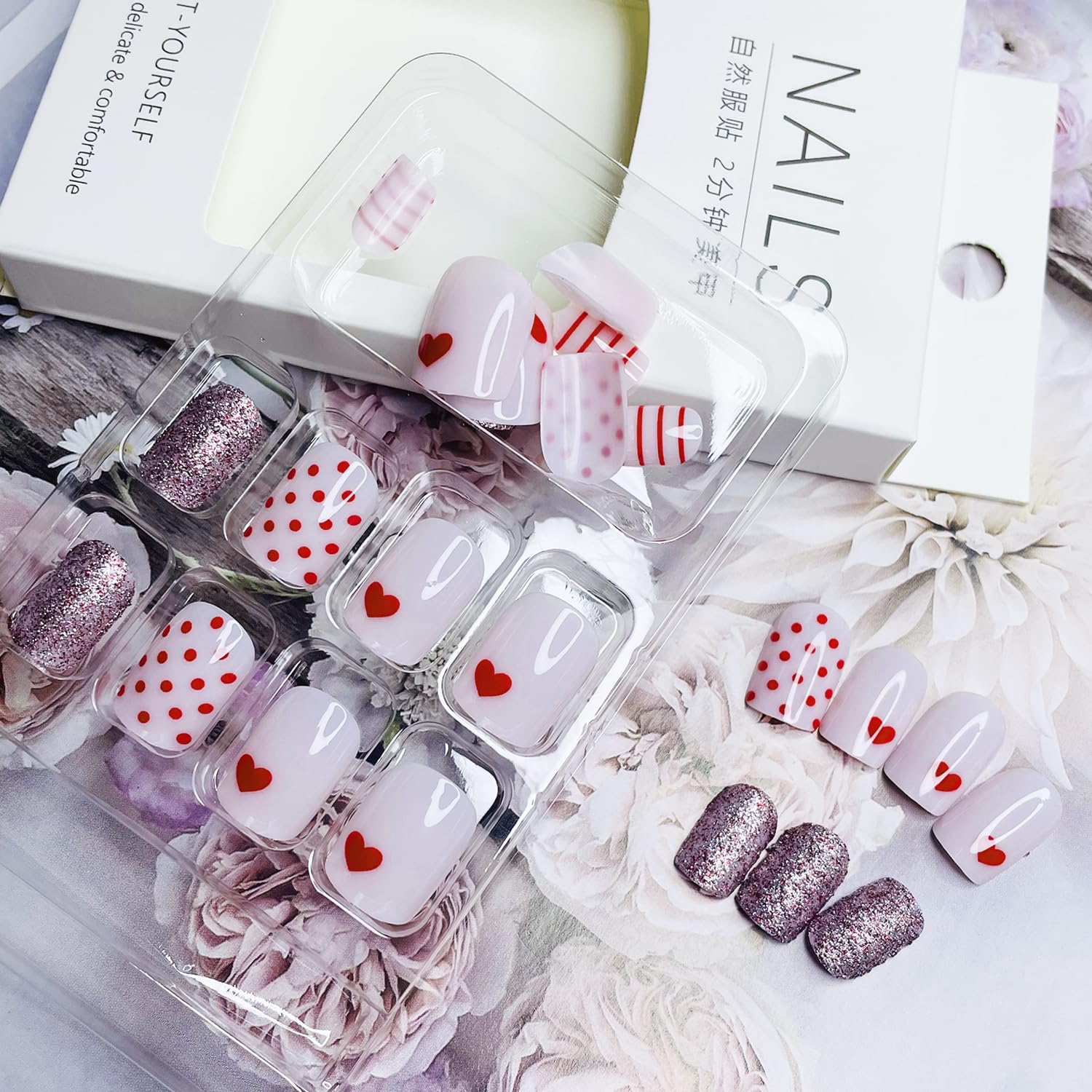 24Pcs Valentines Press on Nails Short Square Petite Pink Heart Fake Nails Valentines Day Nails with Glitter Design Cute Wave Point Full Cover Short False Nails for Women Acrylic Manicure Salon - Image 3