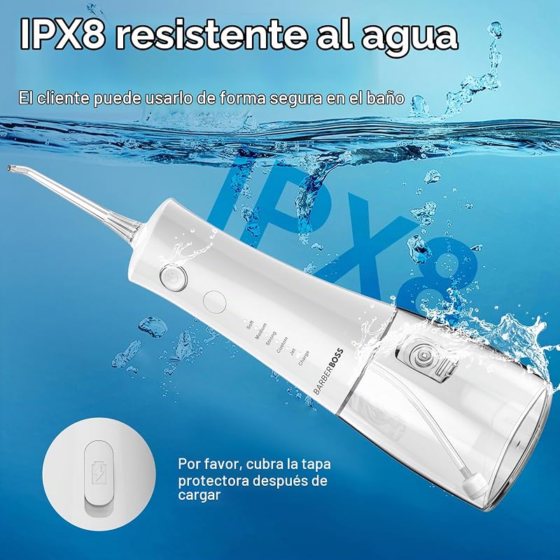 Irrigador bucal avanzado, 5 modos de presión y tanque grande de 340 ml, irrigador oral impermeable IPX8, 4 puntas de chorro y bloqueo de viaje, irrigador dental de agua, QR-7104 (Blanco)