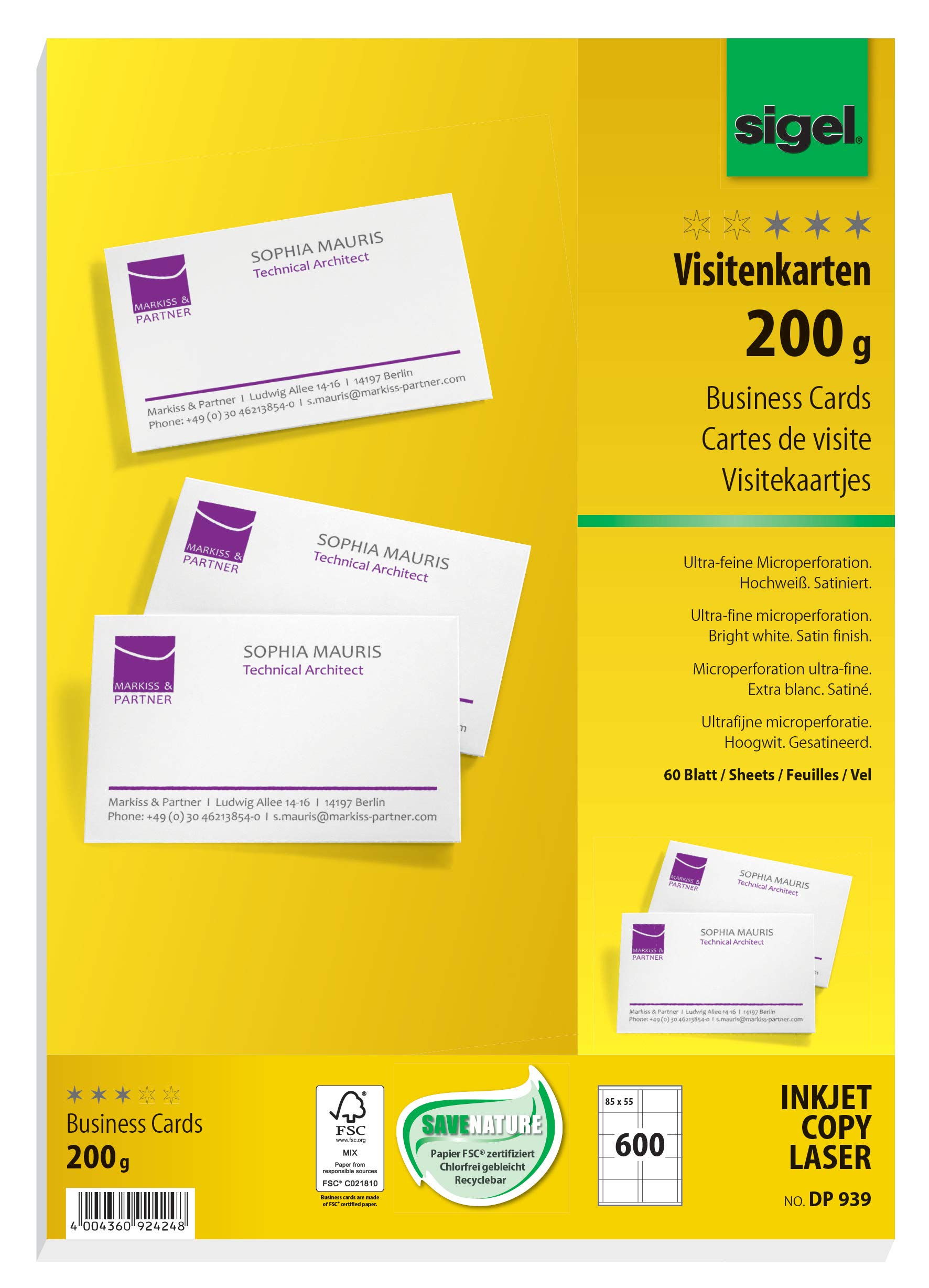 SIGEL DP939, 85x55 mm (A4), Business Cards, mp, 200 gsm, printable, bright White, 600 Piecesequal to60 sheets