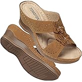TEMOFON Womens Wedge Sandals Leather: Dressy Sandal, Rubber Sole, Comfortable Walking, Casual Slip on Summer Shoes, Size 5-11