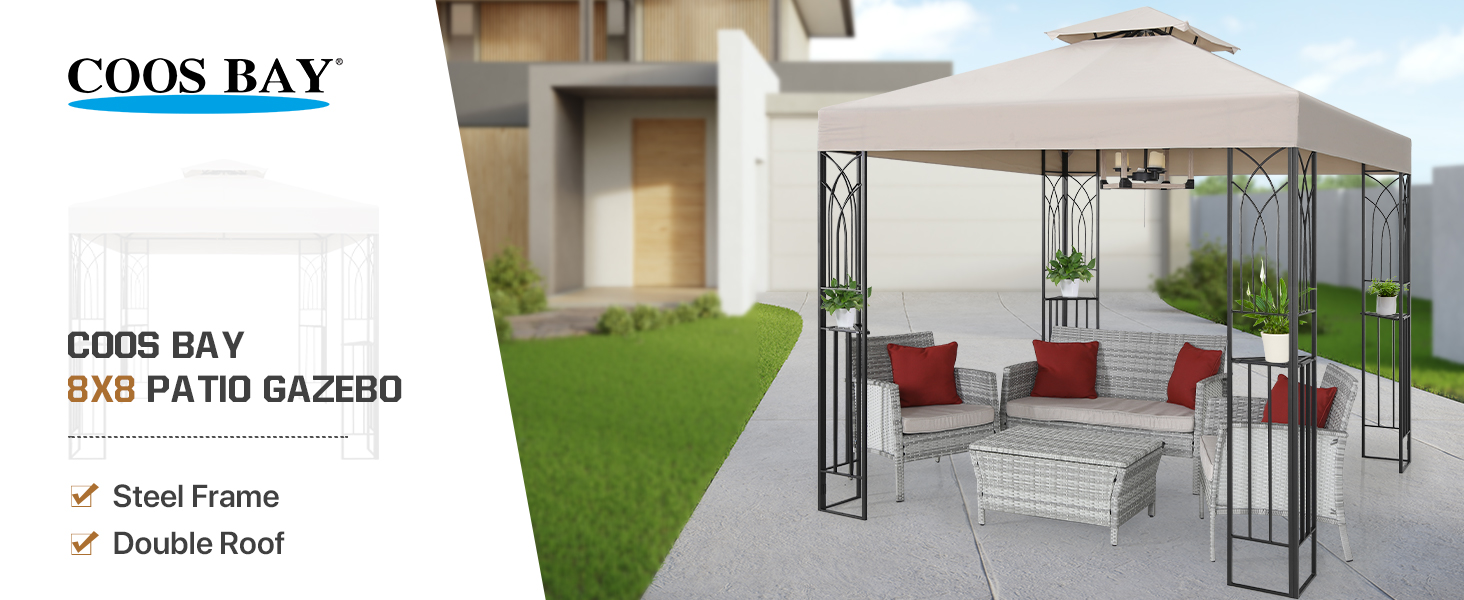 COOS BAY 8x8 Patio Gazebo with Corner Shelves, UV Protection & Dual-Layer Canopy image 20