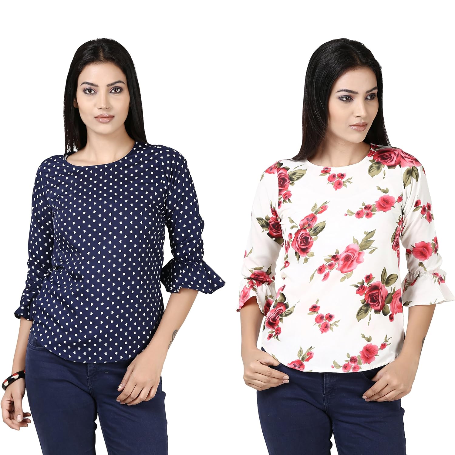 tulip casual bell sleeve printed women's top navy and cream pack of 2