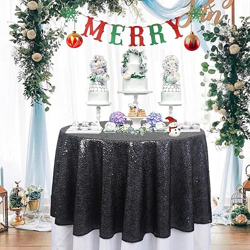 ShinyBeauty 48-Inch Round Glitter Tablecloth - Black Sequin Table Cover for Parties, Wedding Cake Tables, Halloween - Party Overlay
