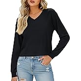YUCOLEN Long Sleeve Crop Tops for Women Cotton V Neck T Shirts Loose Fit Cropped Basic Tees Soft Casual Fall Outfits