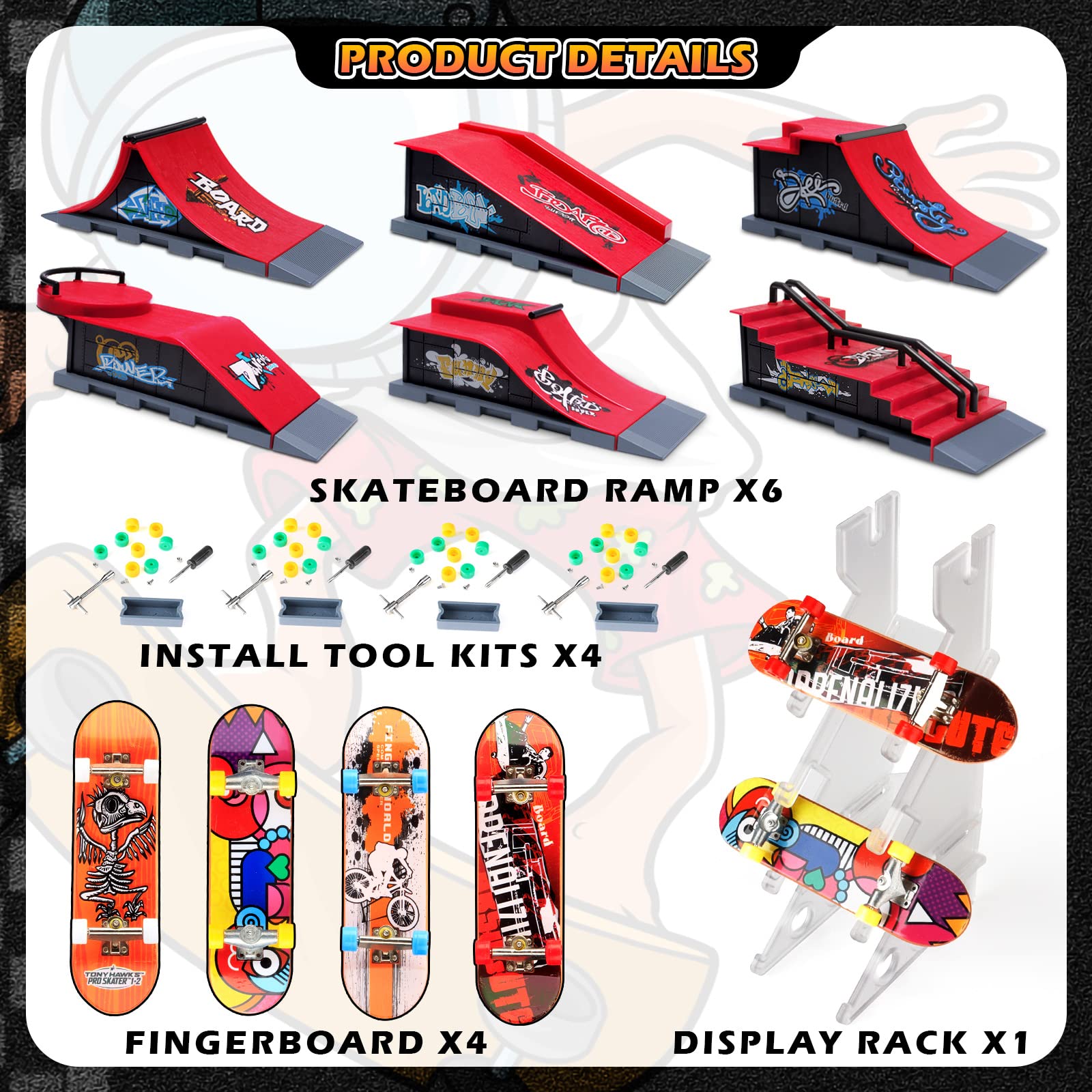 Finger Skateboard Ramps Set, 6-in-1 Bigger Fingerboard Skatepark Skate Park Kit Training Props with 6 Finger Skateboard 6 Finger Deck & Display Holder Finger Skate Toys for Kids & Adults Gifts