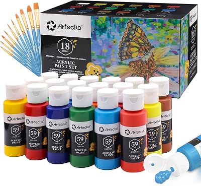 Artecho 18 Color Acrylic Paint Set 2 oz with 10 Brushes Non-Toxic