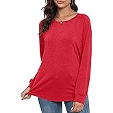 PRIMODA Women's Loose Fit Raglan Long Sleeve Shirts Round Neck Tunic Tops Curved Hem Long T Shirt