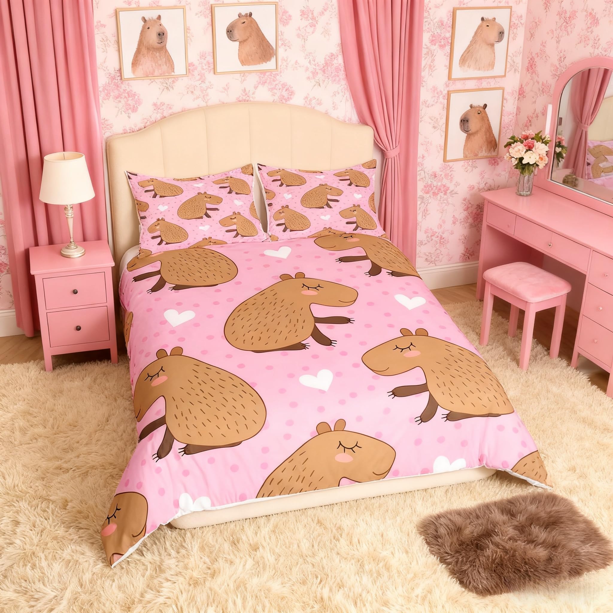 Cute Capybara Duvet Cover Set Single Size, South America Rodents Bedding Set 2pcs for Kids Boys Girls Bedroom Decor, Cartoon Aninals Comforter Cover Soft Polyester Quilt Cover with 1 Pillowcase