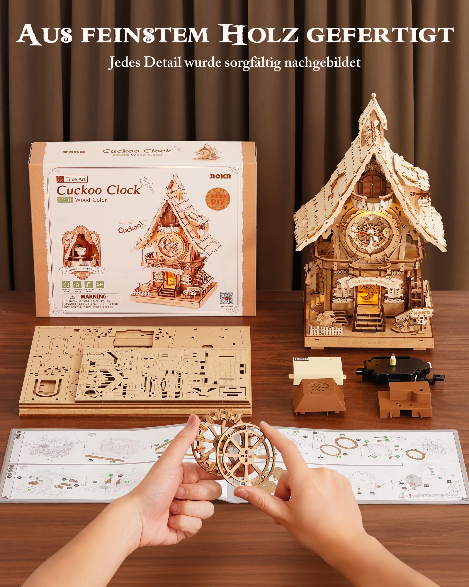 ROKR 3D Puzzle Erwachsene Kuckucksuhr, 3D Holzpuzzle Uhrenmodellbausätze, Geschenke und Dekoration für Erwachsene, Cuckoo Clock Holzfarbe, LC901 3