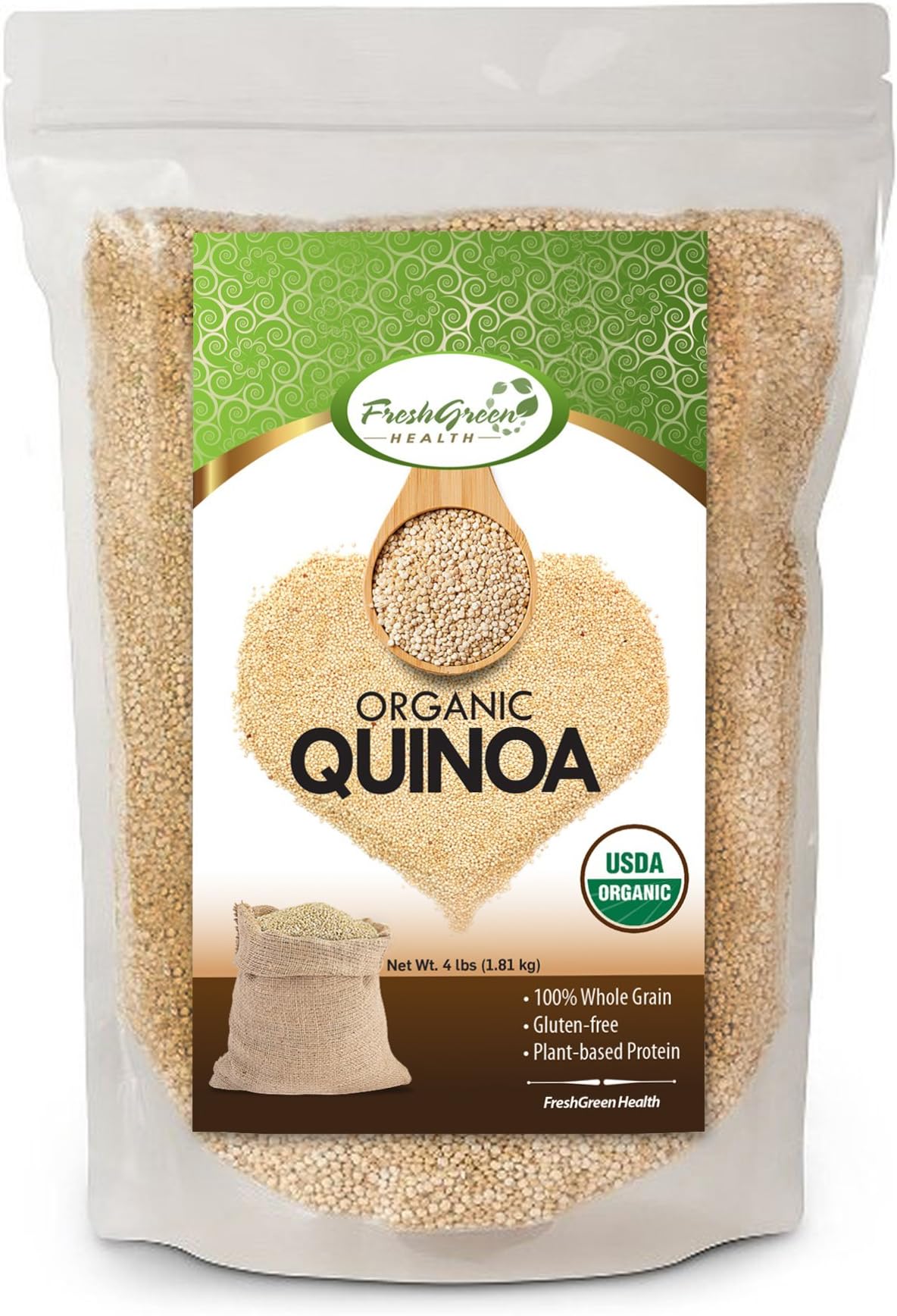 100% Organic White Quinoa 4 LB Bag | Whole Grain | Re-Sealable Bag | Pre-Washed by FreshGreen Health
