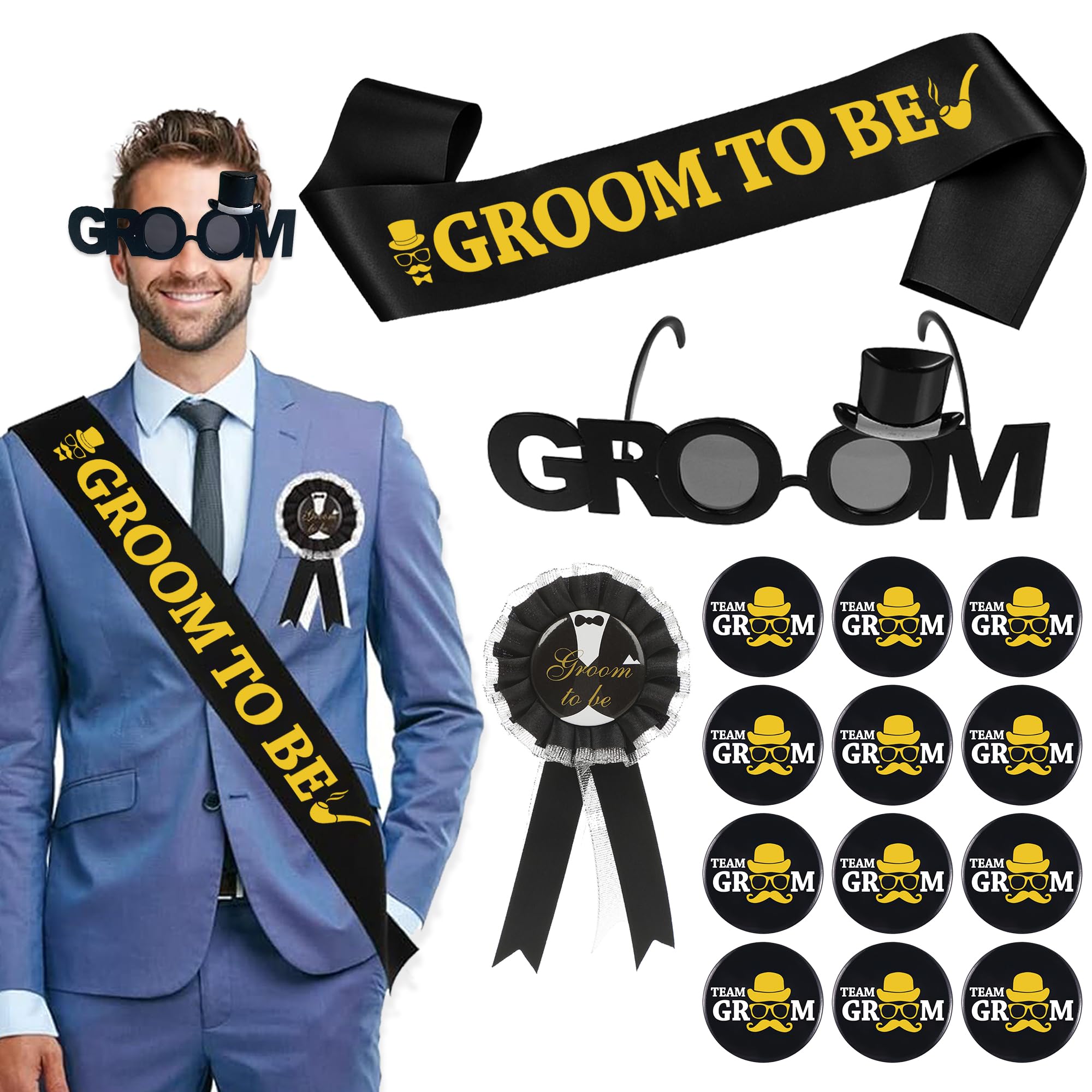 15pcs Stag Do Accessories Men - Black Gold Groom Sash Badge Set with Groom to Be Sash Glasses Groom Team Badge for Men Bachelor Party Men's Accessories for the Last Night Before the Wedding