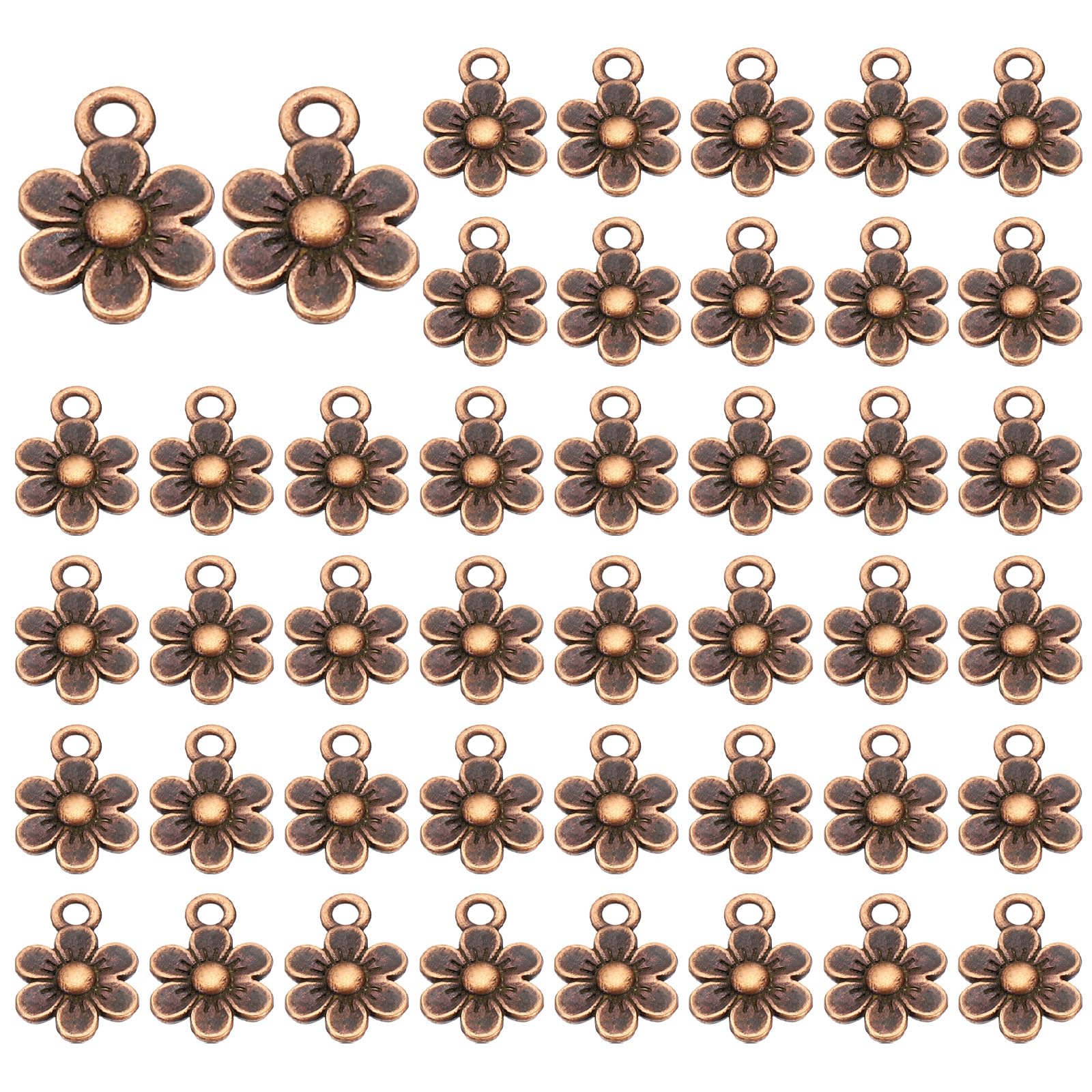 PATIKIL Little Flower Charm, 50 Pcs Alloy Vintage Small Flower Pendant for DIY Crafts, Red Copper, 0.5 x 0.4 Inch