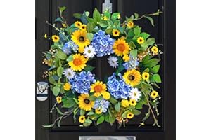 Pinkpuii Spring Summer Wreaths for Front Door 24 Inch Artificial Eucalyptus Sunflower Daisy Flower Wreath,Lifelike Blue Hydrangea Floral Door Wreath for Mantel,Wedding Indoor Outdoor Home Wall Decor