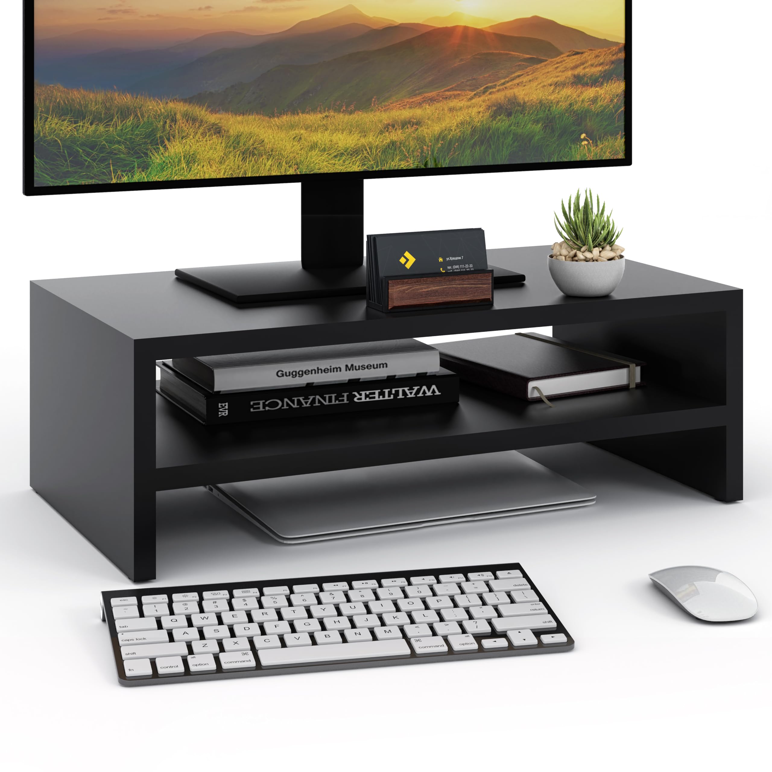 ComfortCove 2-Tier Monitor Riser, Laptop & Printer Stand with Storage Shelf, Ideal for Home Office, Black