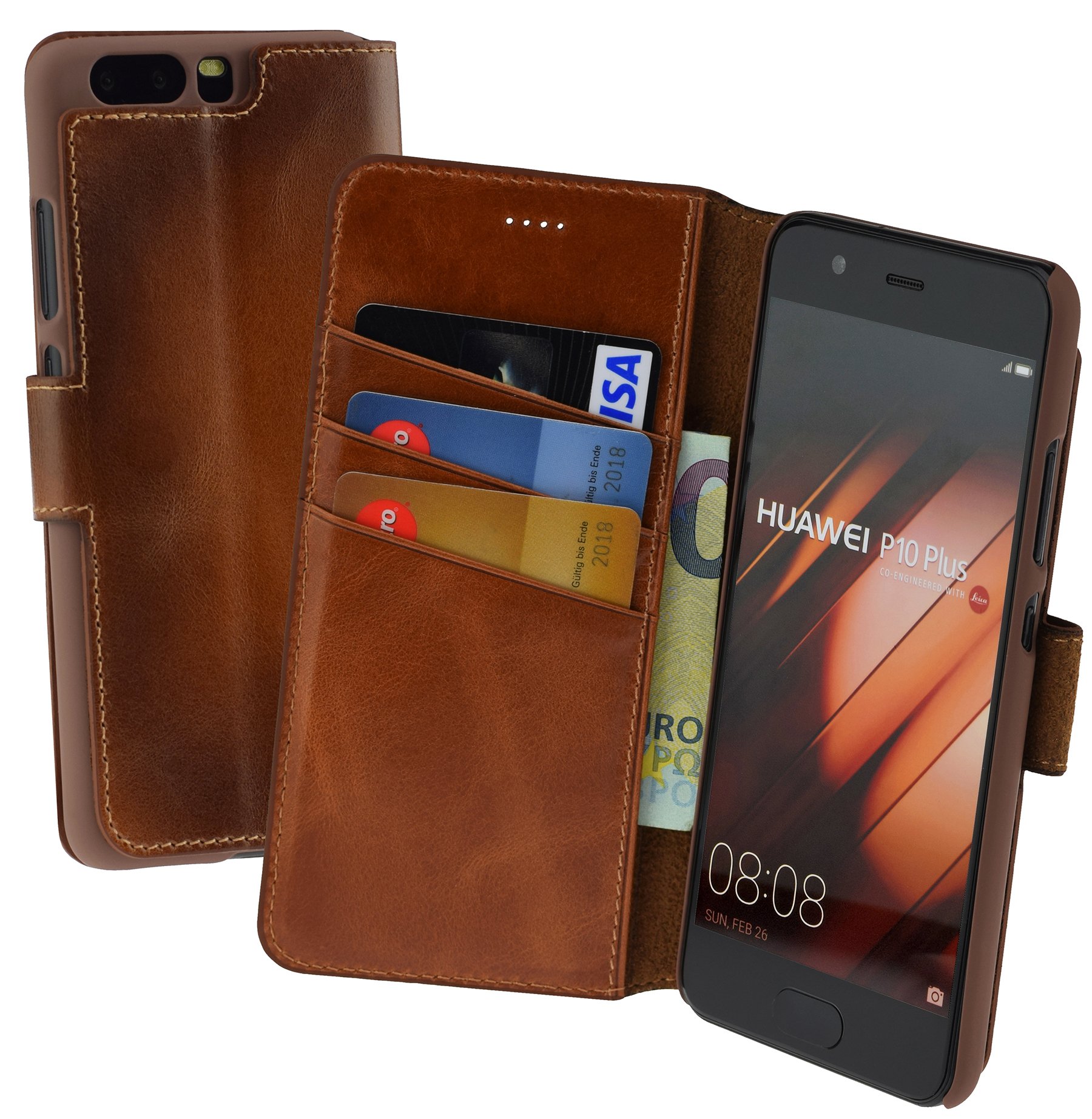 Suncase Huawei P10 Plus Book-Style (Slim-Fit) Leather Case Leather Case Cell Phone Case Protective Case Cover (with Stand Function and Card Slot) Burnt Cognac