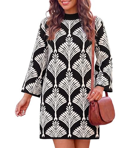 black and white floral knit dress Qiaomai Women's Sweater Jacquard Mock Neck Shift Dress ( Black-XS) at Amazon Women's Clothing store Kariella Embellished Dress