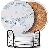 Hoewina 6Pcs Drink Coasters with Holder, Marble Style Ceramic Drink Coaster, Absorbent Coasters Set Suitable for Kinds of Cups, Modern Style Coasters for Coffee Table, 4 Inches(Blue Marble Style)