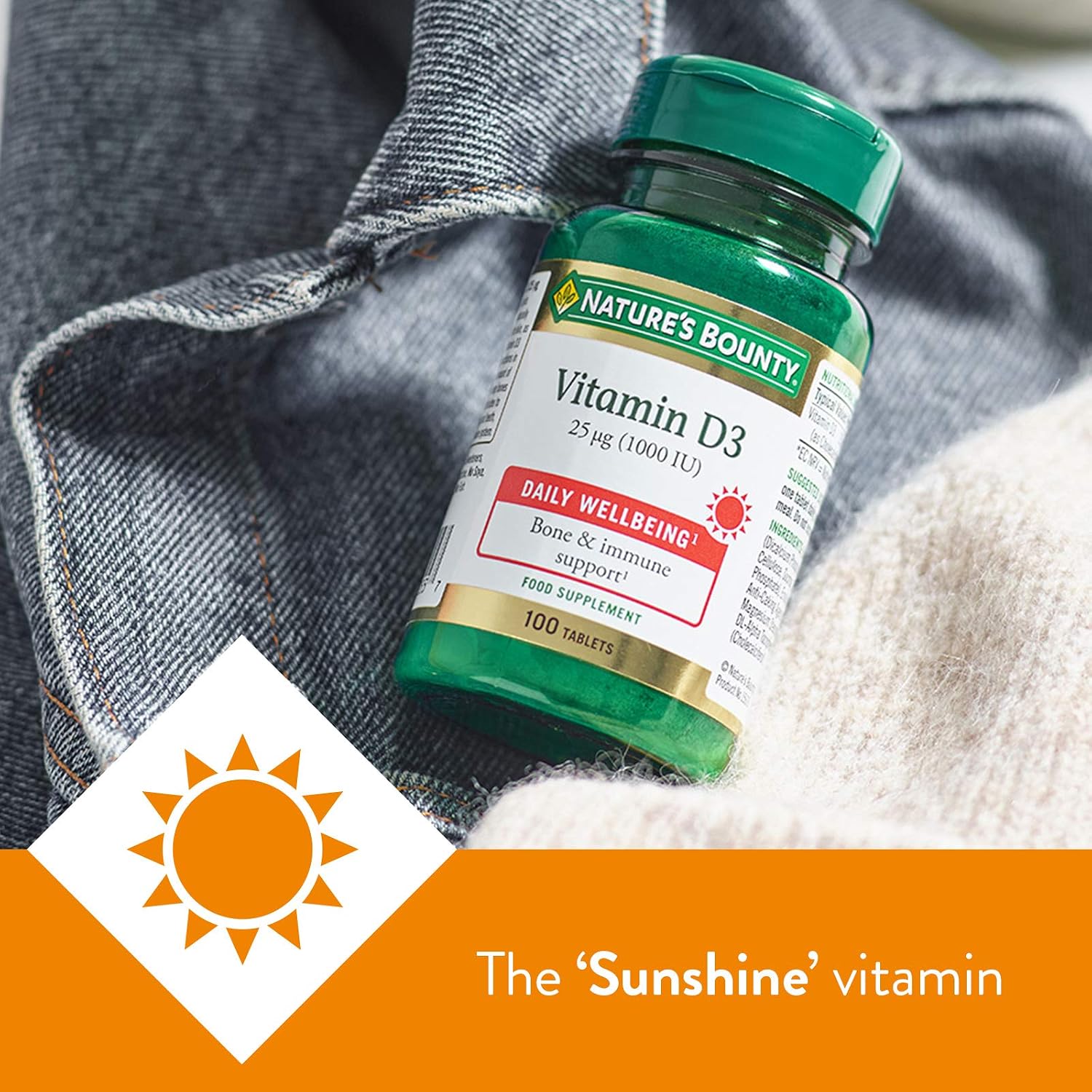 Nature's Bounty Vitamin D3 25 µg (1000 IU) Tablets, Pack of 100 Tablets, One-a-Day, High Strength Vitamin D, Bone - Image 4