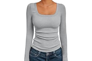 Usewon Women Long Sleeve Shirts Square Neck Tops Ribbed Knit Basic Going Out Crop Top Fall Outfits Fashion Clothes 2025