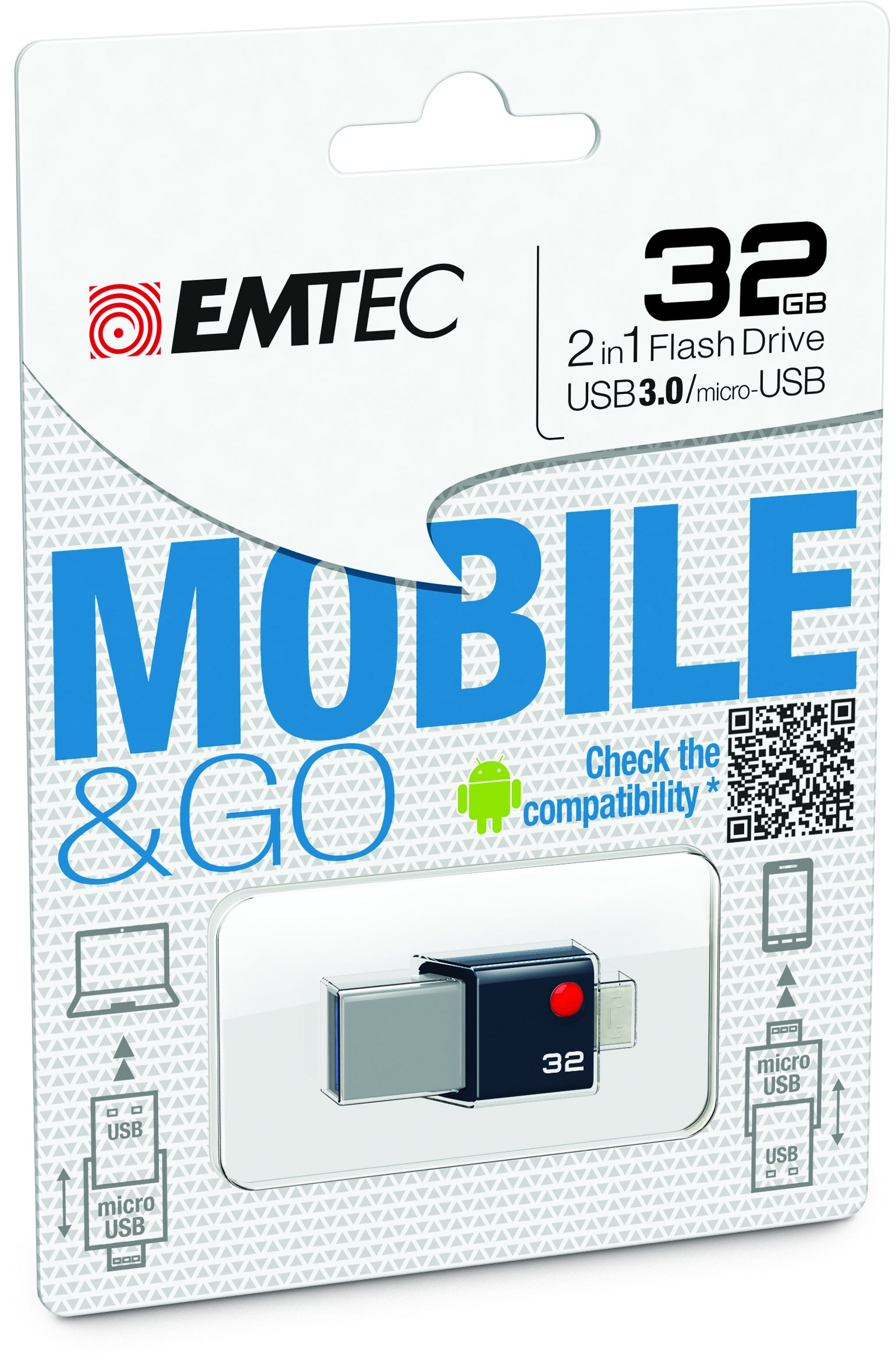 EMTEC Mobile & Go 2 in 1 Flash Drive with USB 3.0 and Micro-USB, 32 GB