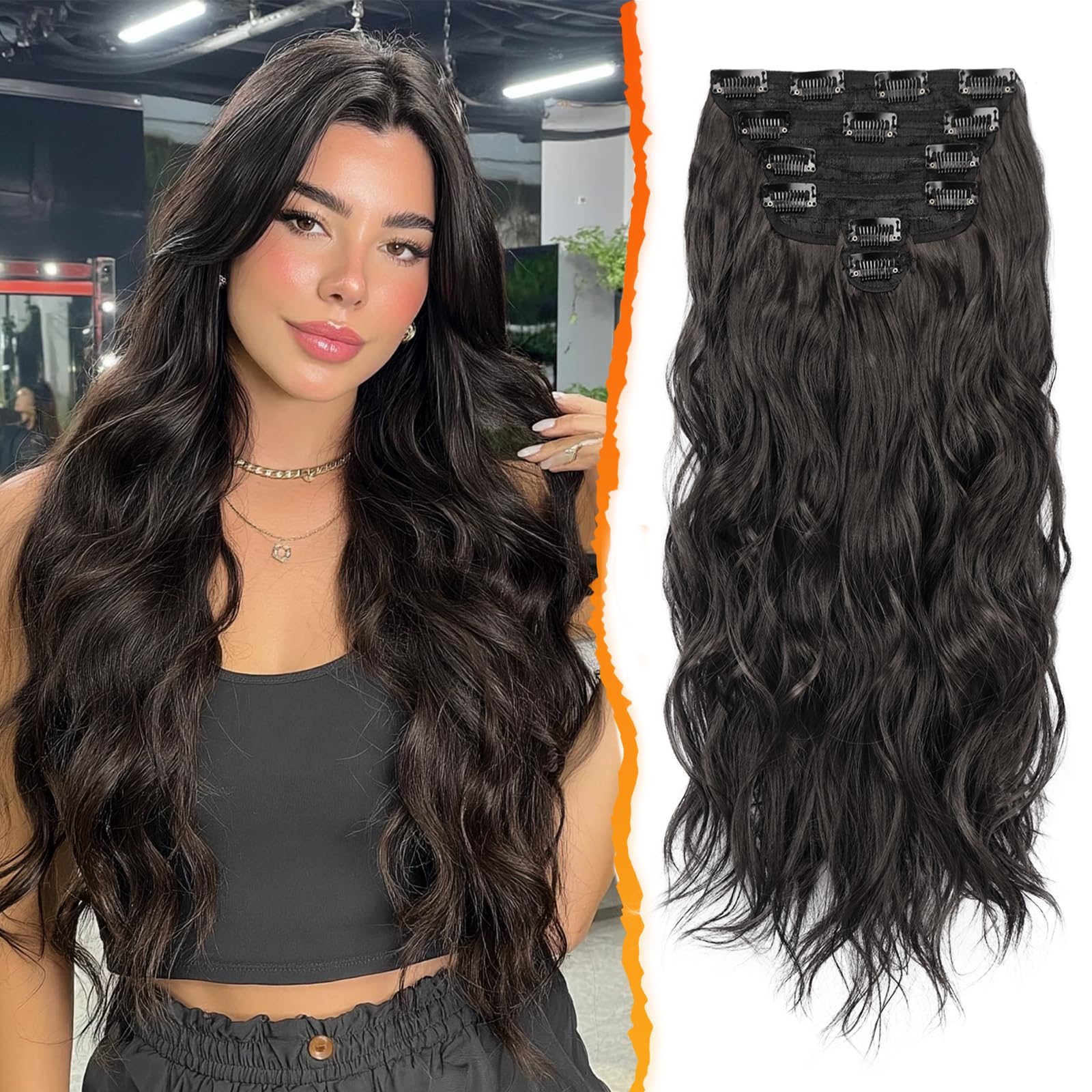 BARSDAR Clip in Wavy Black Brown Hair Extensions, 20 Inch Long, 6PCs Full Head Thick Soft Synthetic Clip in Hairpieces Daily Party Halloween
