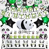 Panda Party Supplies foil balloon Set Include Happy Birthday Banner walking Panda cupcake topper star Tablecloth Cover for Birthday Party(Boy)