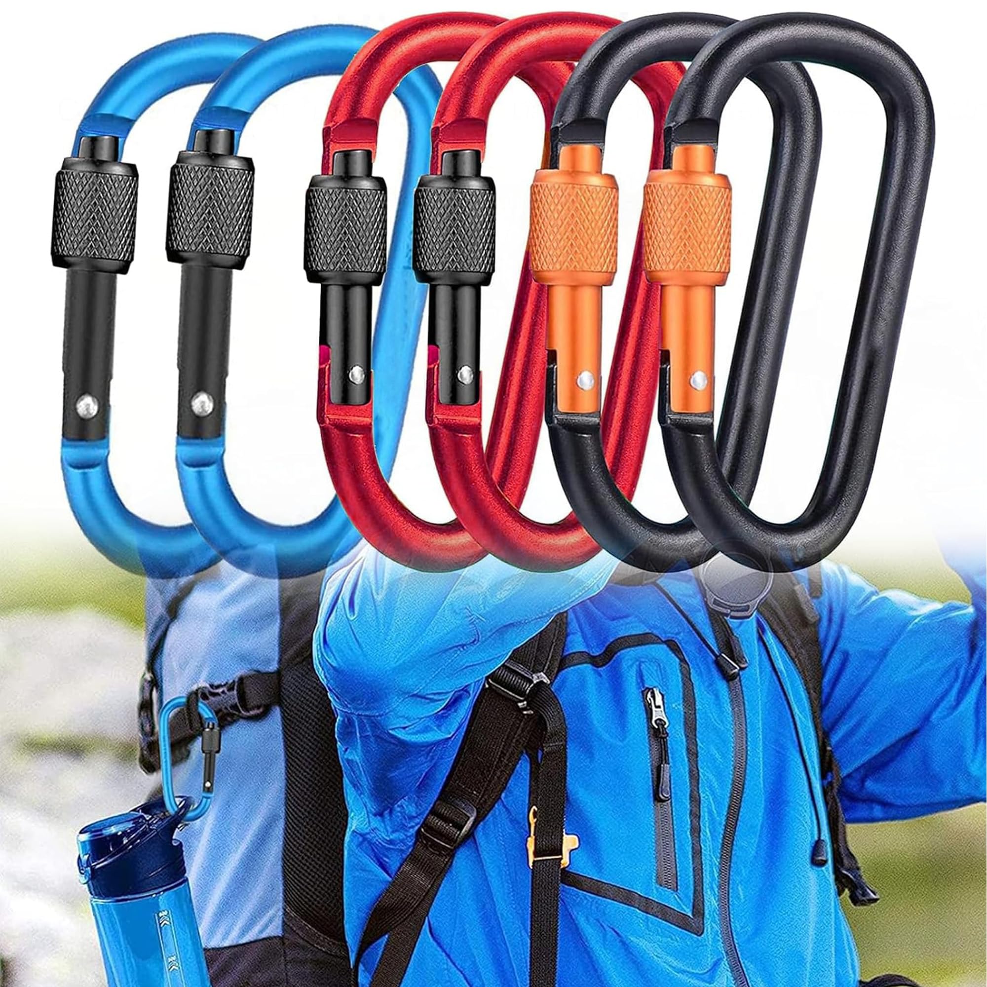 6Pcs Aluminum Carabiner Clips Heavy Duty D Ring Clip Hook Karabiner Keychain Hook Clips Locking Carabiner Hiking Clips for Outdoor Camping Fishing Hiking Traveling
