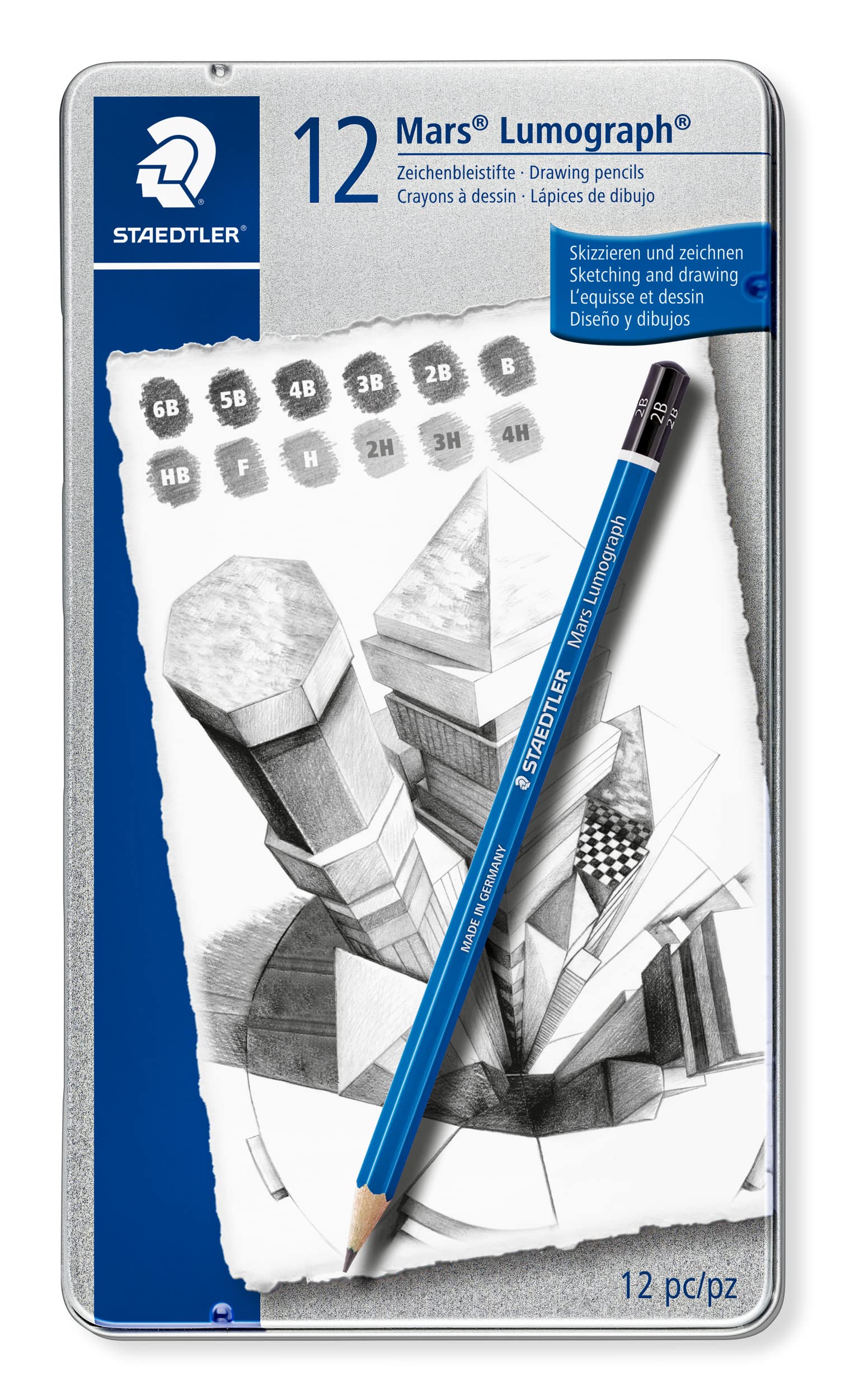 STAEDTLER 100 G12 Mars Lumograph Graphite Pencils For Drawing & Sketching - Assorted Degrees, 6B-4H (Tin Of 12 Pencils)
