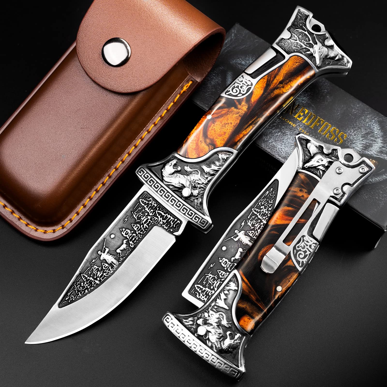 NedFoss TIGER-ROAR Zweihandmesser, Legale mitführbares Taschenmesser, 10cm Klappmesser mit Holster, Schwere EDC Messer mit Gürtelclip, Scharfes Zweihand Klappmesser Outdoor für Sammlung & Geschenke 4